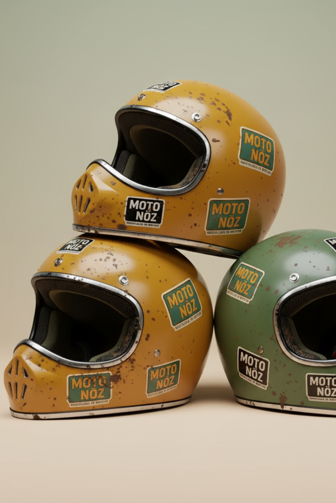 NÖZ Vintage Stickers on retro helmets with dirt and mud