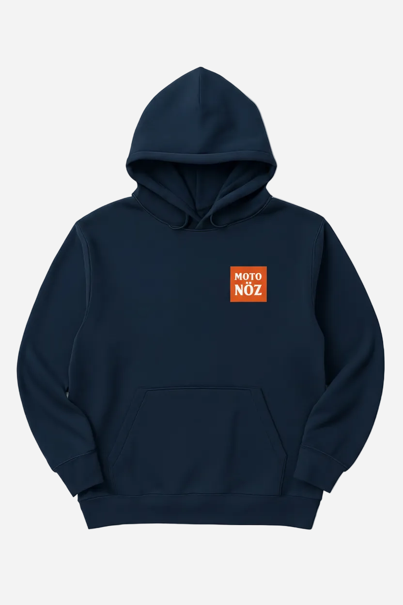 Navy hoodie with MOTO NÖZ badge on left chest