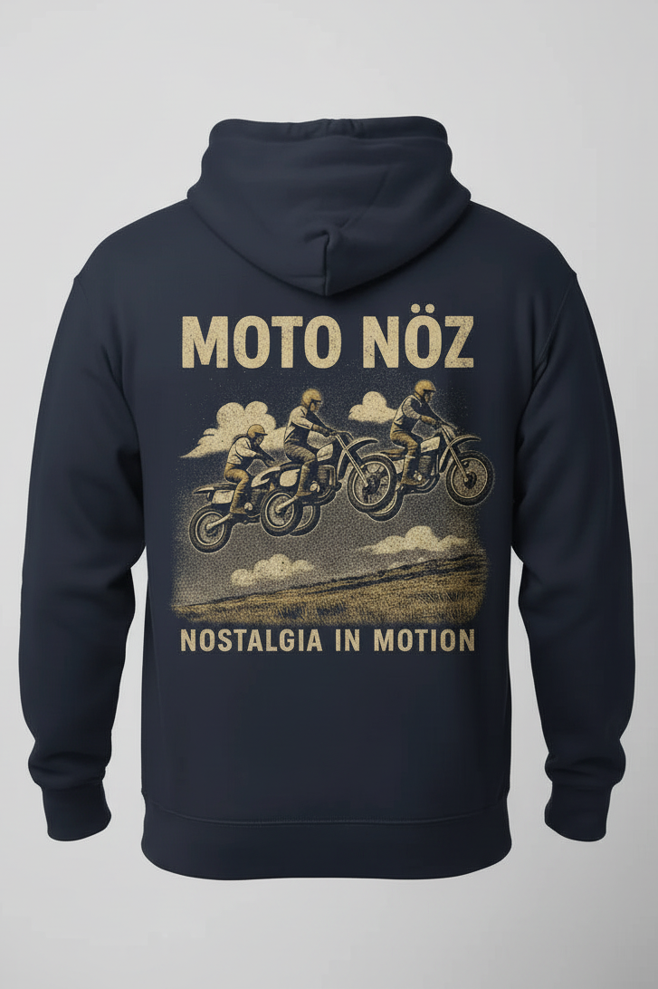 Navy MOTO NÖZ hoodie back view on grey background