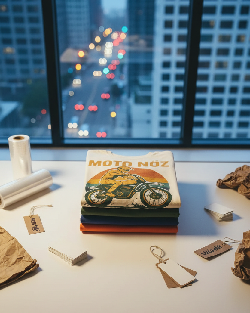 Overhead View of Stacked MOTO NÖZ Tees in Studio