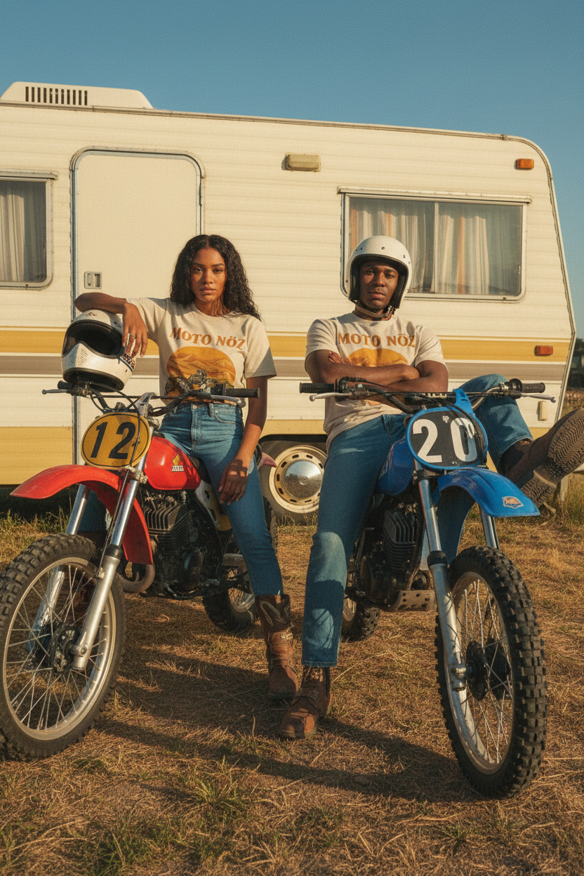 Two dark-skinned models sitting on retro dirt bikes with RV