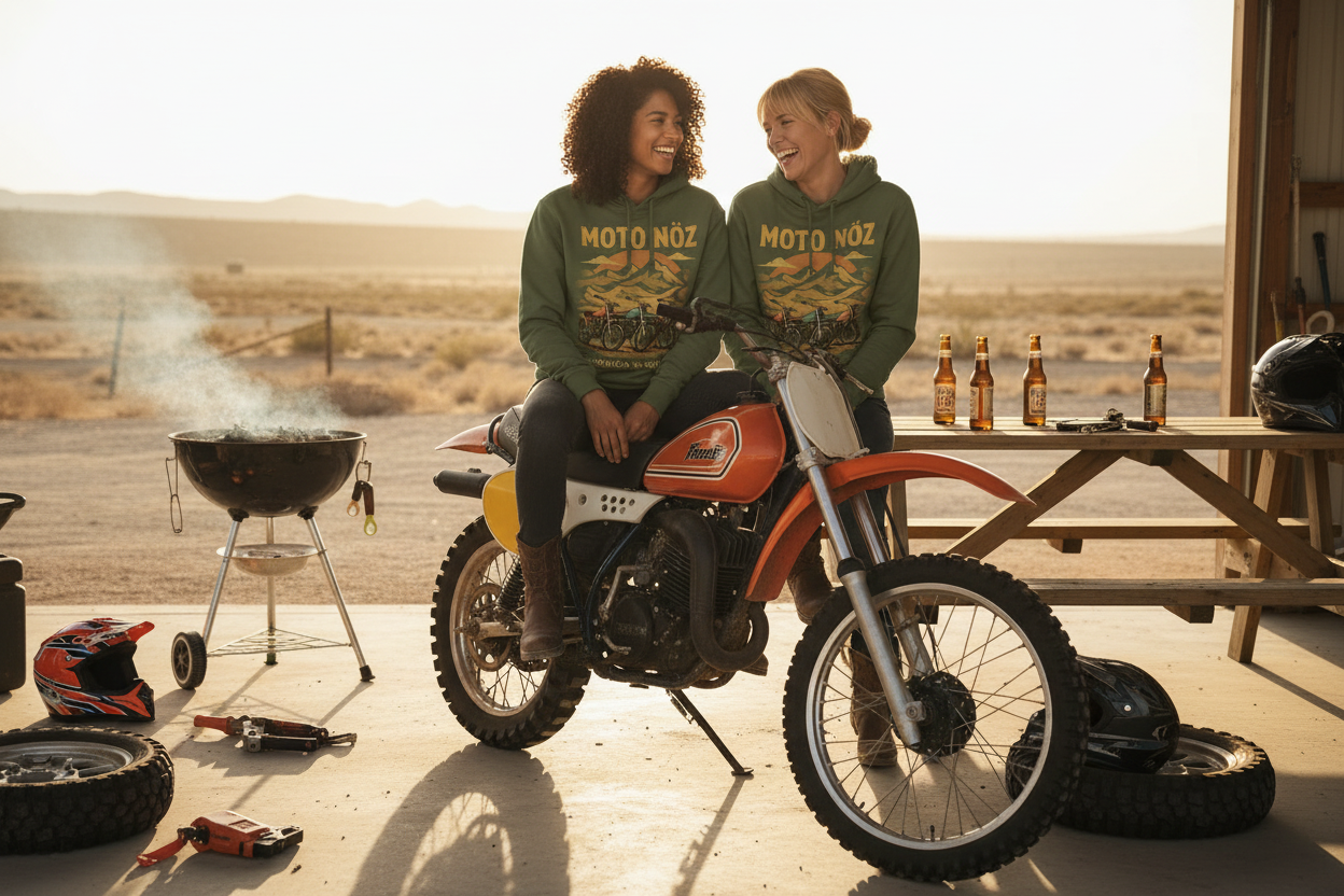 Two female models on dirt bike with BBQ and beers in garage