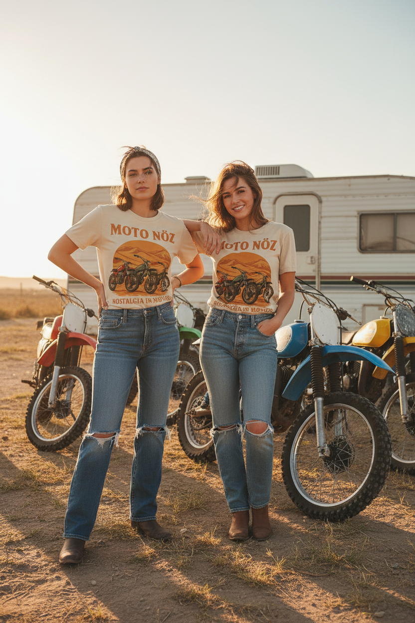 Two female models with retro dirt bikes and RV