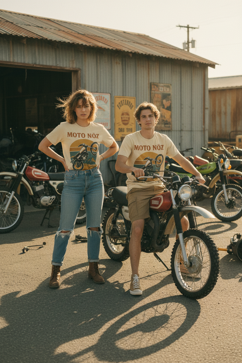 Two models in Balance Point Tees at retro dirt bike club