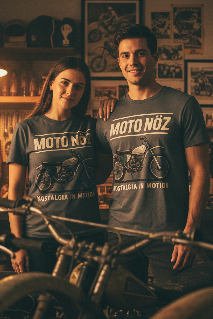 Two models in Garage Built Tee with dirt bikes in indoor garage