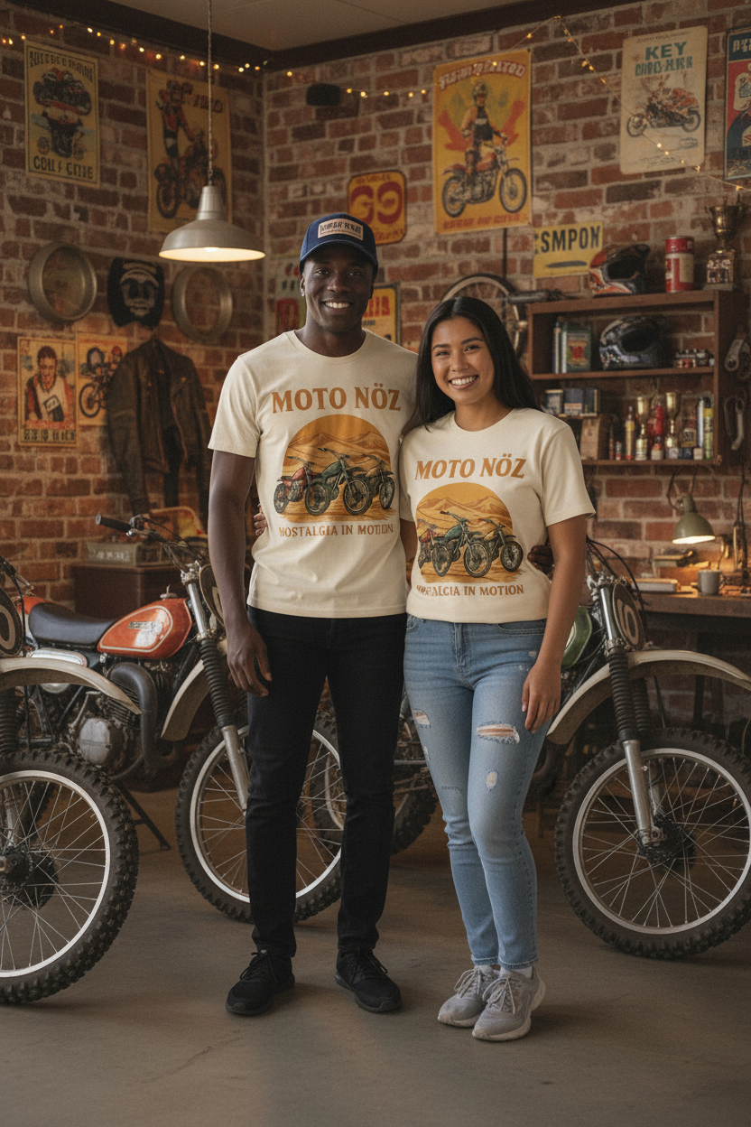 Two models in retro dirt bike club interior