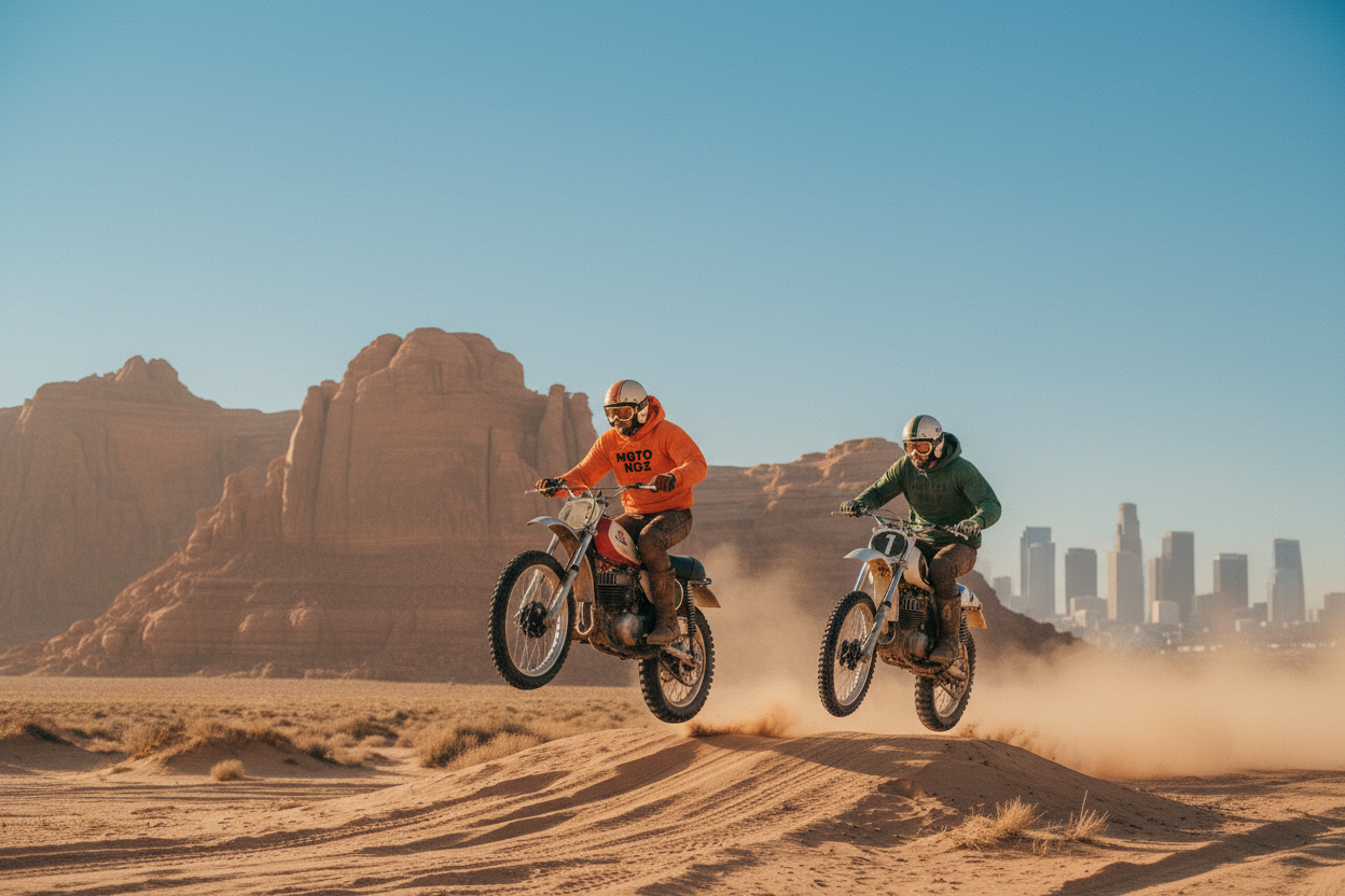 Two Riders in Desert with LA Skyline