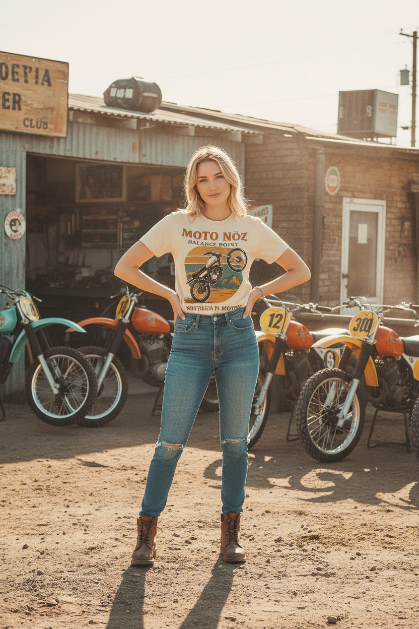 White female model in Balance Point Tee at retro dirt bike club