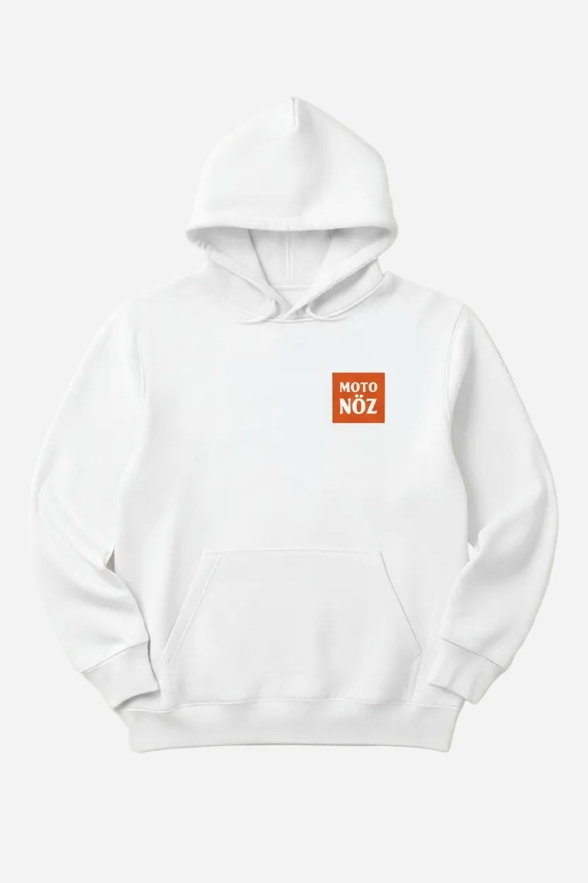 White hoodie with MOTO NÖZ badge on left chest