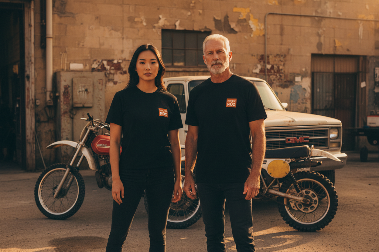 White male and Korean female models wearing MOTO NÖZ tee