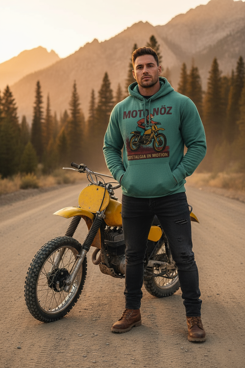 White male model with Hispanic look wearing The MOTO NÖZ Hoodie 4