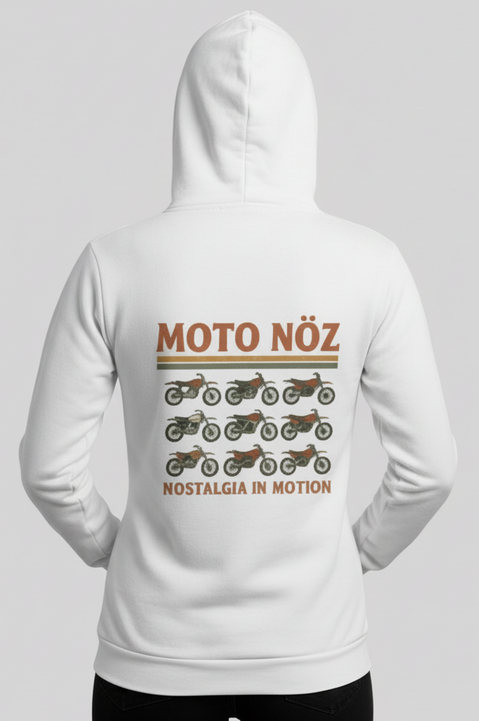 White MOTO NÖZ hoodie back view on grey background