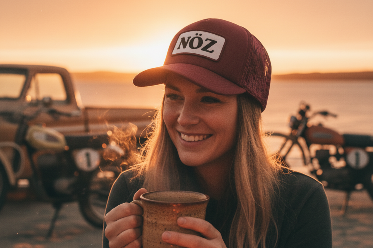 Woman wearing Heritage Trucker Cap at sunset